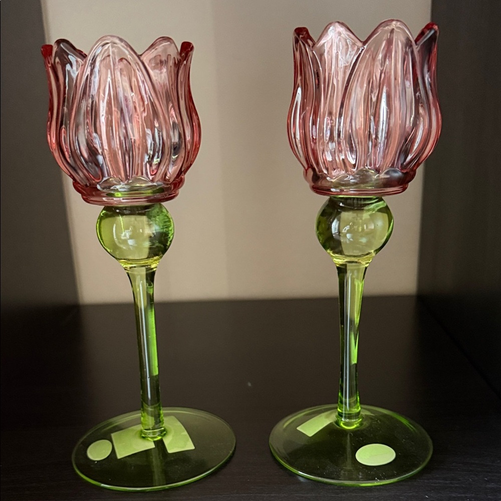 Pink Tulip Glass Candle Holders with Green Stems